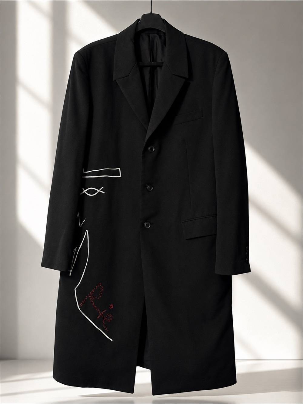 Yohji Yamamoto Pour Homme Black Wool Embroidered Coat  Made in Japan Sz 3 L